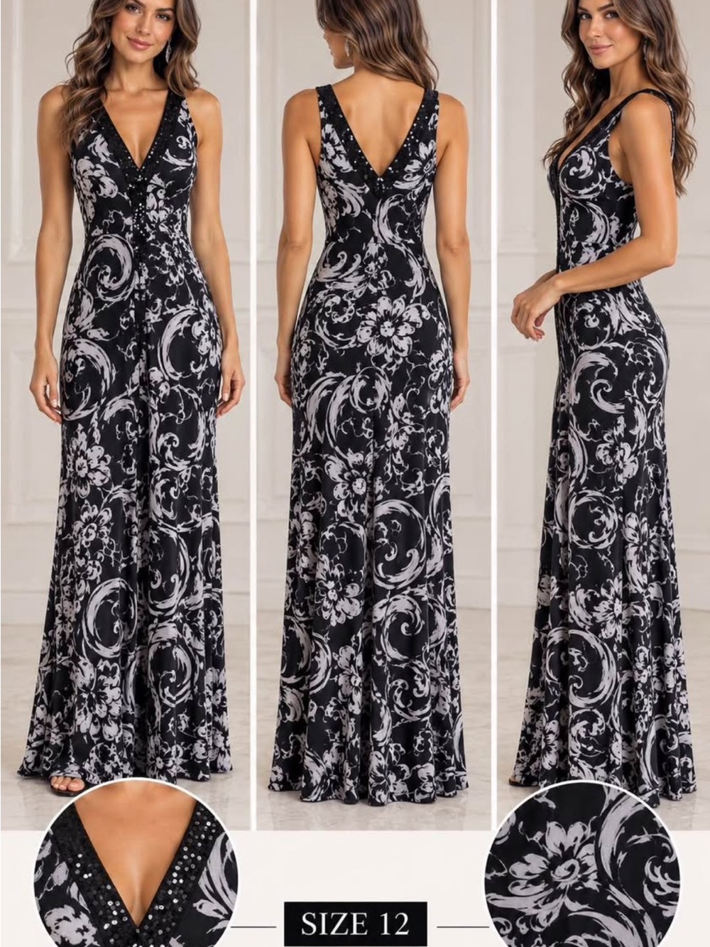 Black & White V-Neck Floral Maxi Dress - Brand: